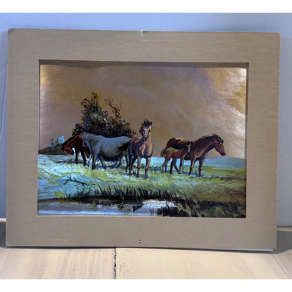 Vintage Dufex Prints Horse Landscape Foil Art England 152583 8x10 Matted
